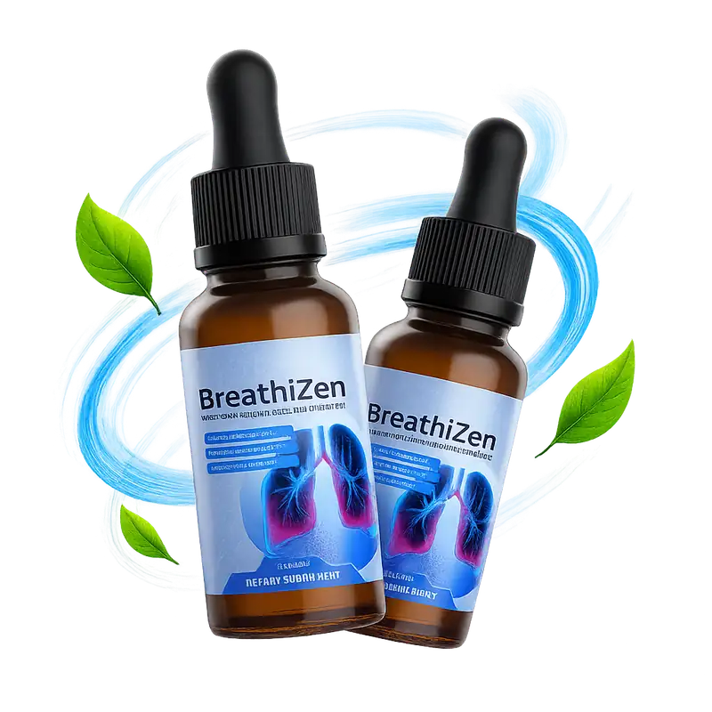 Two bottles of BreathiZen respiratory support supplement surrounded by fresh green herbal leaves and a flowing air swirl